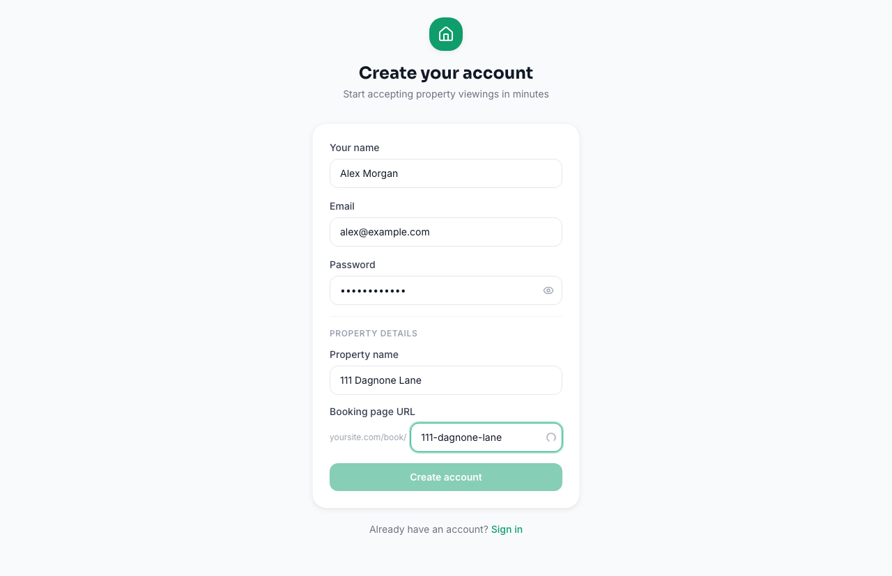 Signup form with name, email, password, and property name fields