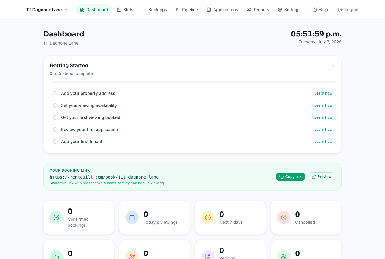 Fresh dashboard showing the Getting Started checklist and booking link