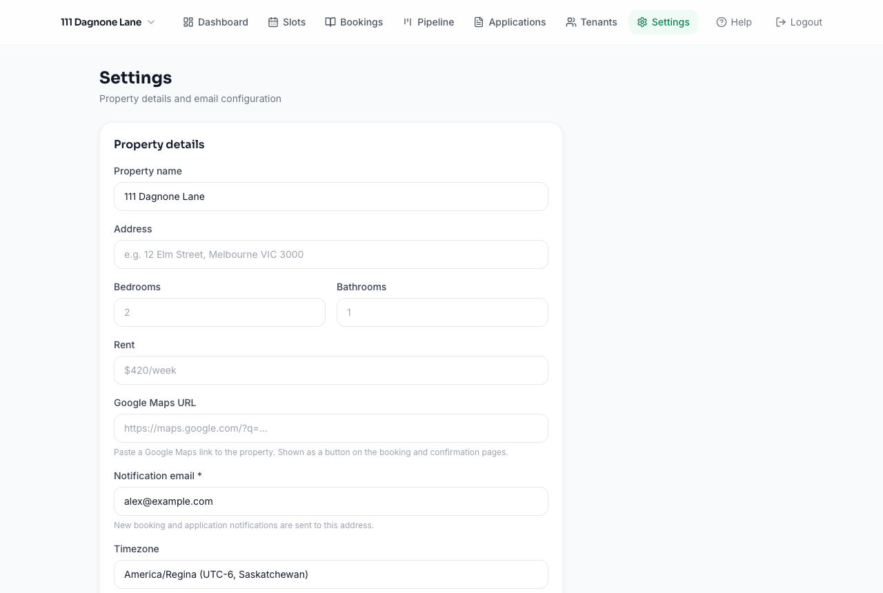 Property settings page with address, notification email, and timezone fields