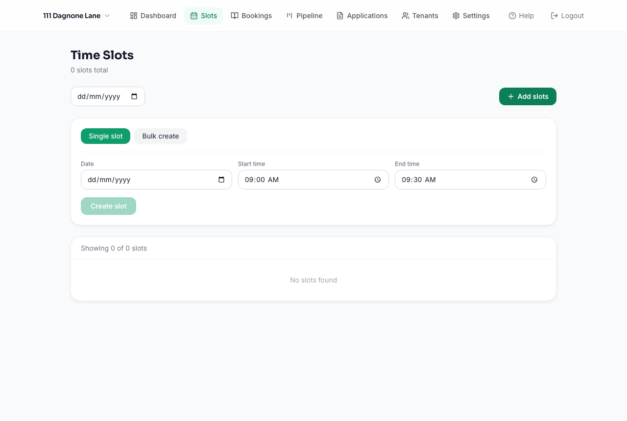 Slots page with the "Add slots" panel open, showing date and time fields