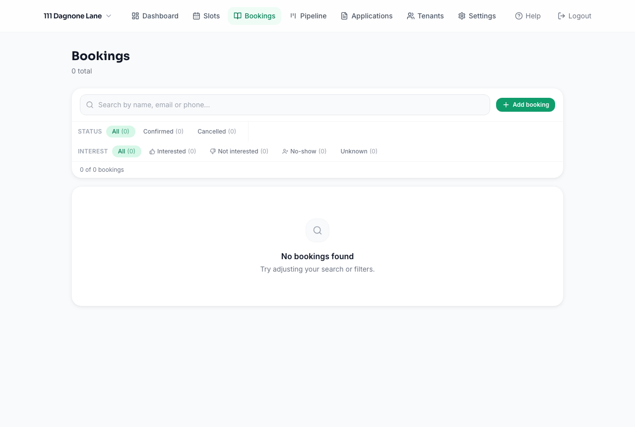 Bookings page, empty state before any viewings are booked