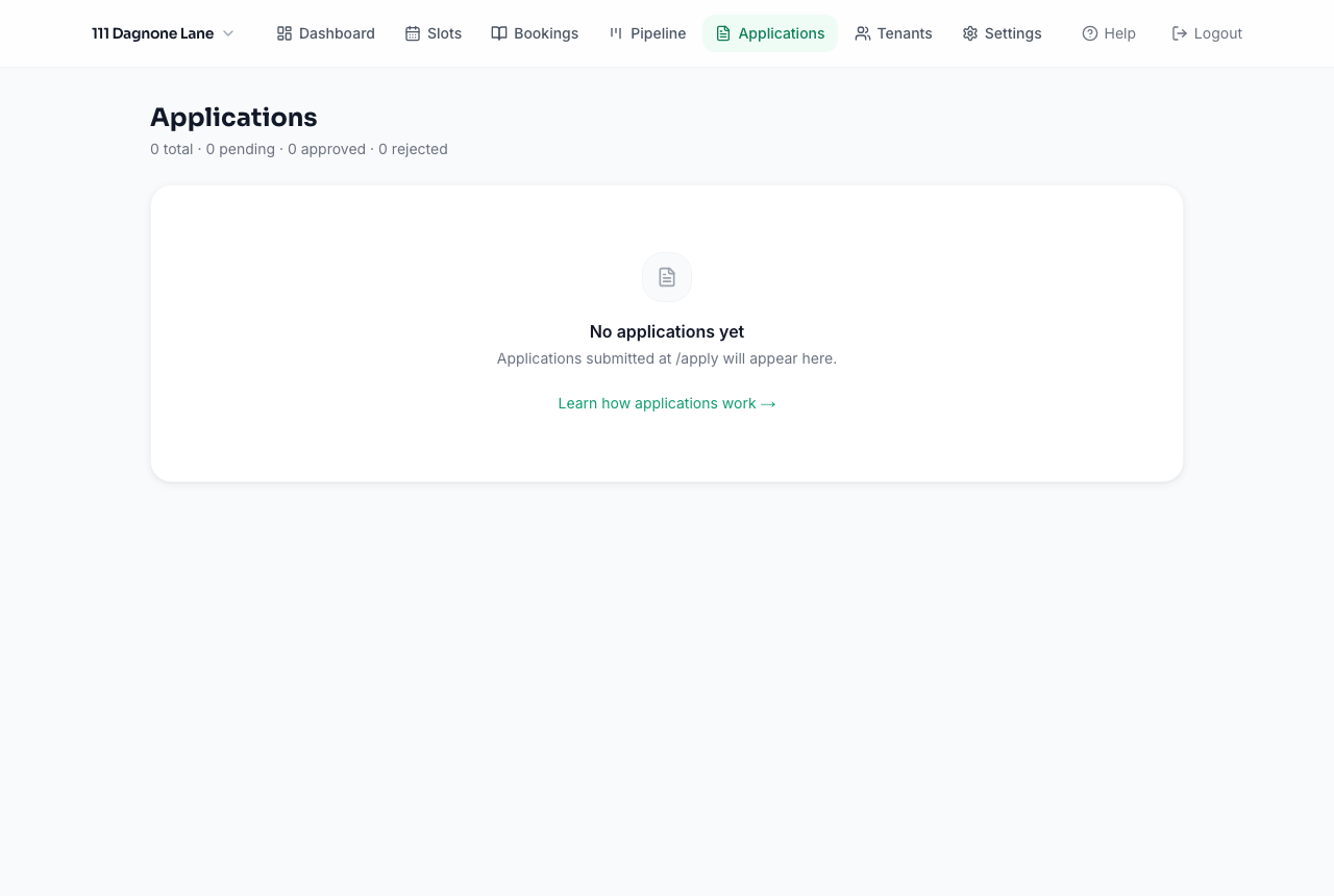 Applications page, empty state with a link to learn how applications work