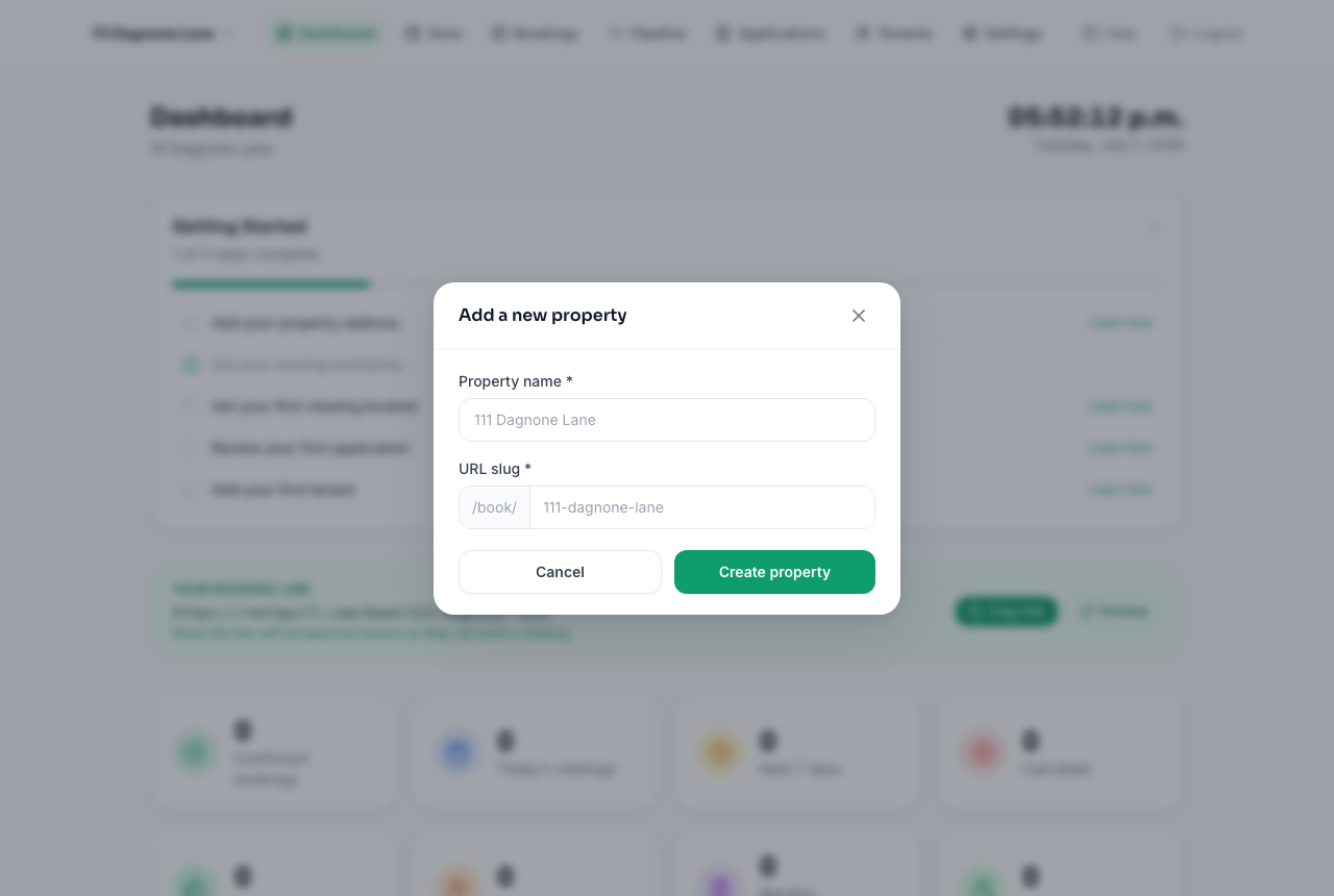 Add a new property modal with name and URL slug fields