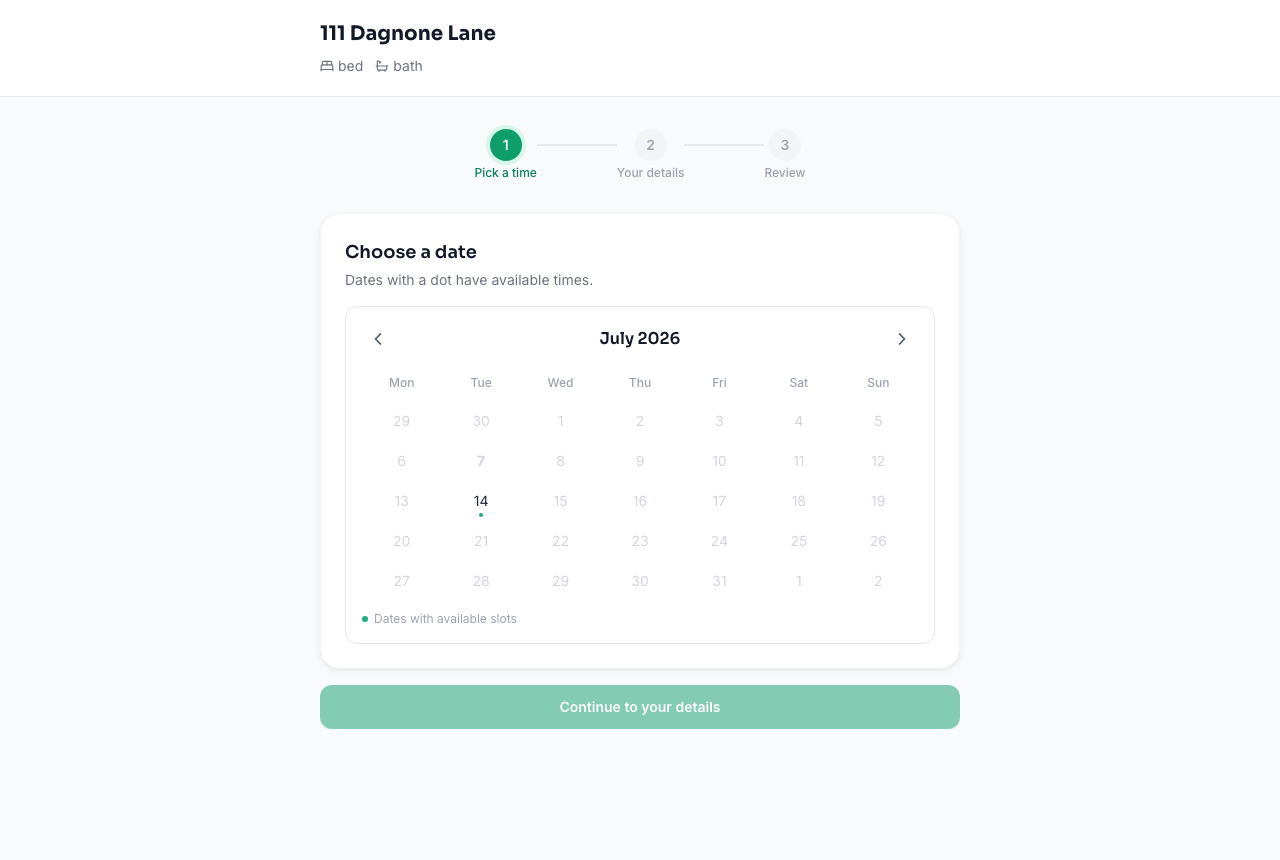 Public booking page showing a calendar with an available date highlighted