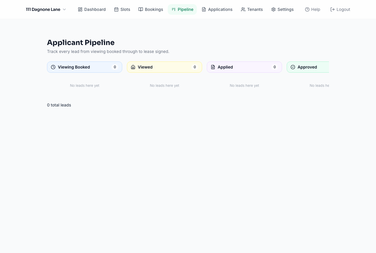 Applicant pipeline board with Viewing Booked, Viewed, Applied, and Approved columns