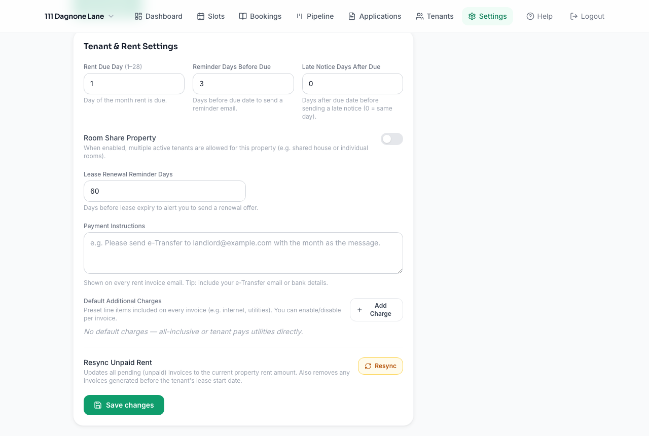 Tenant & Rent Settings section with rent due day, reminder days, and payment instructions